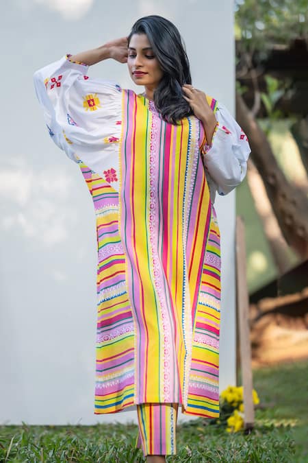 PRACHI KAMAT Multi Color Cotton Linen Printed Portuguese Folk Stripe Round Kurta And Pant Set 