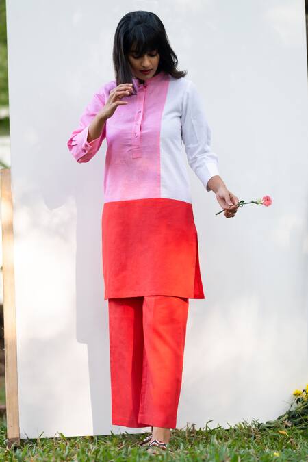 Prachi Kamat_Pink Cotton, Linen Collared Color Block Straight Kurta With Pant _Online_at_Aza_Fashions