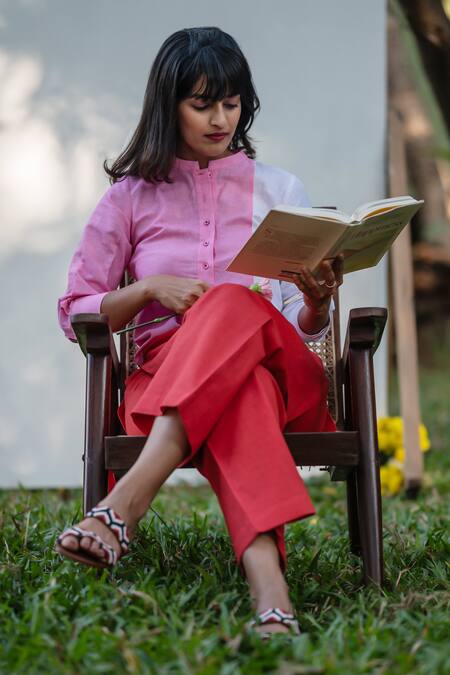 Shop_Prachi Kamat_Pink Cotton, Linen Collared Color Block Straight Kurta With Pant _Online_at_Aza_Fashions