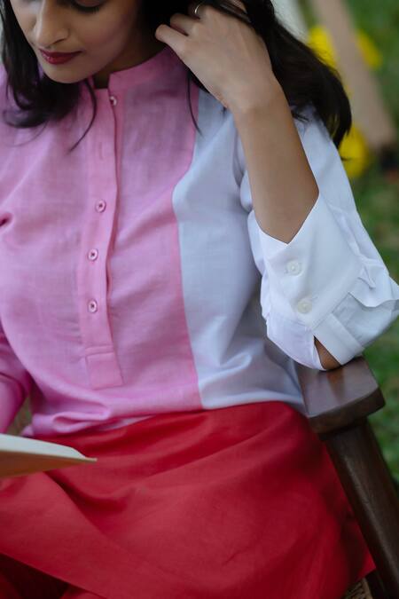 Prachi Kamat_Pink Cotton, Linen Collared Color Block Straight Kurta With Pant _at_Aza_Fashions