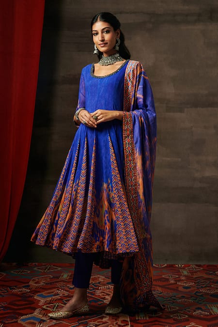 Saundh Blue Anarkali Georgette Silk Print Abstract Round Neck Afina Pant Set