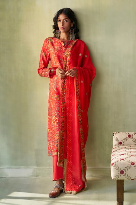 Saundh Red Kurta Raw Silk Print Floral Mandala Notched Neck Bano Pant Set