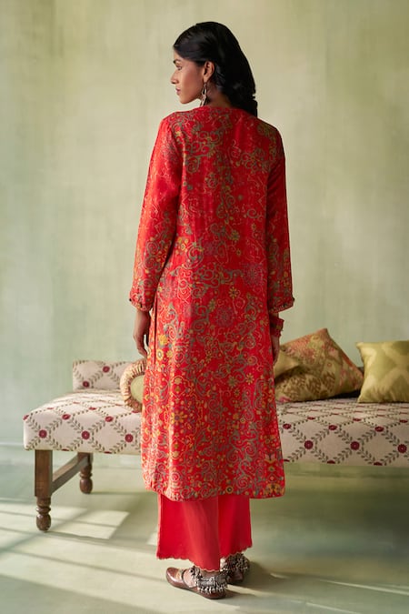 Shop Saundh Red Silk, Organza, Satin Embroidery, Bano Floral Mandala Print Kurta Pant Set at Aza Fashions Shop_Saundh_Red Silk, Organza, Satin Embroidery, Bano Floral Mandala Print Kurta Pant Set _at_Aza_Fashions