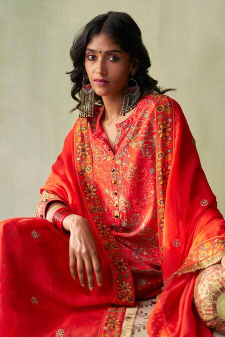 Saundh Red Silk, Organza, Satin Embroidery, Bano Floral Mandala Print Kurta Pant Set at Aza Fashions Saundh_Red Silk, Organza, Satin Embroidery, Bano Floral Mandala Print Kurta Pant Set _at_Aza_Fashions