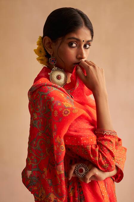 Saundh_Red Crepe, Organza, Silk Sequins, Nadiya Abstract Floral Print Kurta Pant Set_at_Aza_Fashions