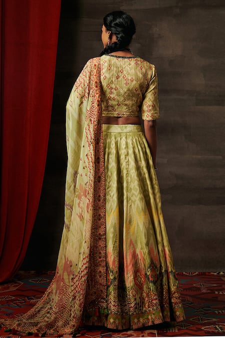 Shop Saundh Green Silk, Organza, Cotton Embroidery, Zari, Lila Tribal Print Lehenga Set at Aza Fashions Shop_Saundh_Green Silk, Organza, Cotton Embroidery, Zari, Lila Tribal Print Lehenga Set _at_Aza_Fashions