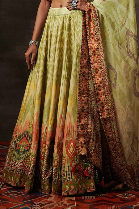 Saundh Green Silk, Organza, Cotton Embroidery, Zari, Lila Tribal Print Lehenga Set Online at Aza Fashions Saundh_Green Silk, Organza, Cotton Embroidery, Zari, Lila Tribal Print Lehenga Set _Online_at_Aza_Fashions