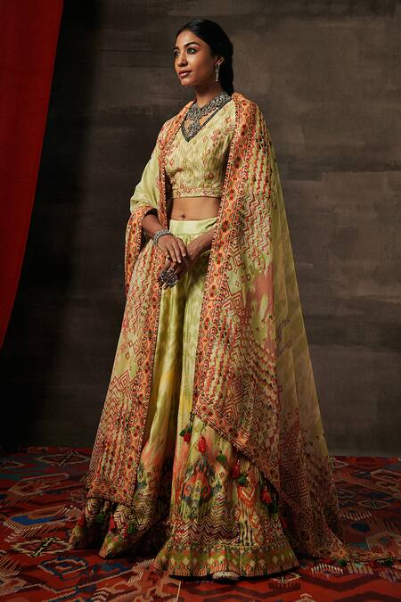 Shop Saundh Green Silk, Organza, Cotton Embroidery, Zari, Lila Tribal Print Lehenga Set Online at Aza Fashions Shop_Saundh_Green Silk, Organza, Cotton Embroidery, Zari, Lila Tribal Print Lehenga Set _Online_at_Aza_Fashions