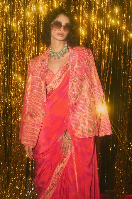 Saundh Pink Blazer Pure Raw Silk Print Tribal Lapel Collar Lara