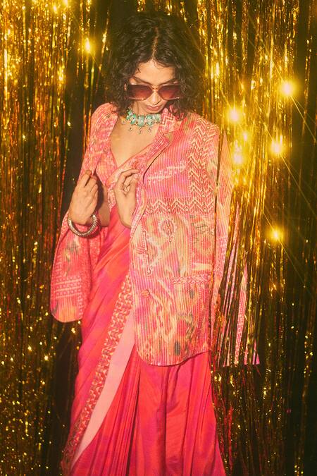 Saundh Pink Silk, Satin Embroidery Lara Tribal Print Blazer Online at Aza Fashions Saundh_Pink Silk, Satin Embroidery Lara Tribal Print Blazer_Online_at_Aza_Fashions