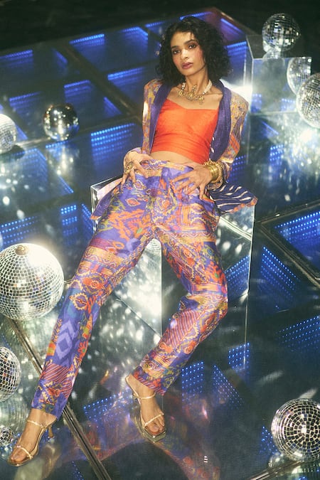 Shop Saundh Blue Silk, Satin Open , Scoop Tribal Print Jacket Pant Set at Aza Fashions Shop_Saundh_Blue Silk, Satin Open , Scoop Tribal Print Jacket Pant Set _at_Aza_Fashions