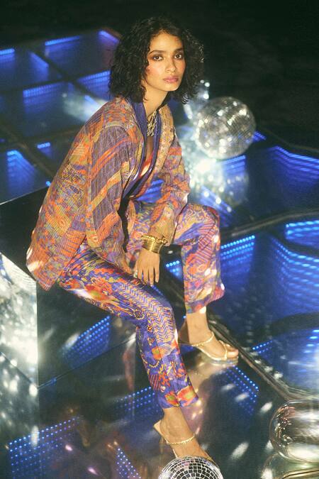 Buy Saundh Blue Silk, Satin Open , Scoop Tribal Print Jacket Pant Set Online at Aza Fashions Buy_Saundh_Blue Silk, Satin Open , Scoop Tribal Print Jacket Pant Set _Online_at_Aza_Fashions