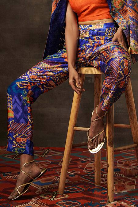 Shop Saundh Blue Silk, Satin Open , Scoop Tribal Print Jacket Pant Set Online at Aza Fashions Shop_Saundh_Blue Silk, Satin Open , Scoop Tribal Print Jacket Pant Set _Online_at_Aza_Fashions