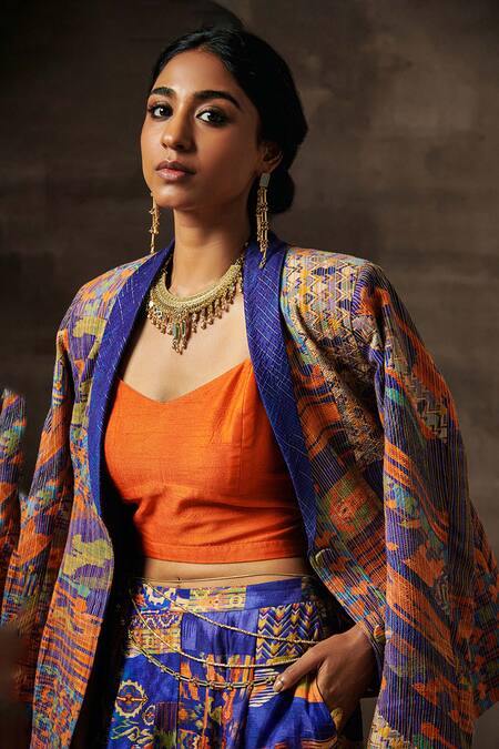 Saundh Blue Silk, Satin Open , Scoop Tribal Print Jacket Pant Set at Aza Fashions Saundh_Blue Silk, Satin Open , Scoop Tribal Print Jacket Pant Set _at_Aza_Fashions