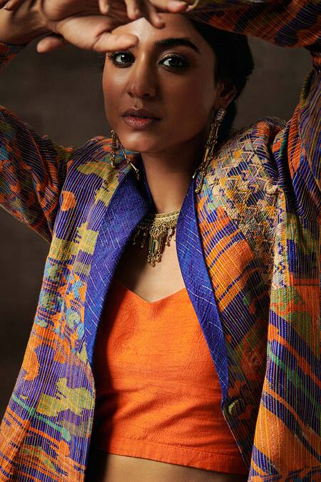 Buy Saundh Blue Silk, Satin Open , Scoop Tribal Print Jacket Pant Set Buy_Saundh_Blue Silk, Satin Open , Scoop Tribal Print Jacket Pant Set