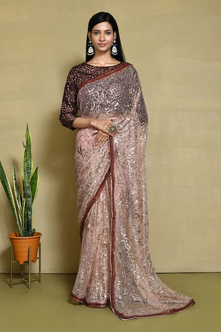 Nazaakat by Samara Singh Brown Net Embroidery Sequin Work Saree With Running Blouse