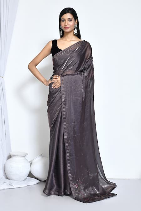 Nazaakat by Samara Singh Grey Satin Silk Embroidery Stone Metallic Saree With Runnning Blouse