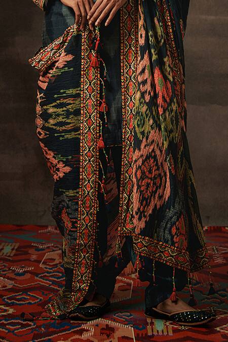 Saundh_Black Wool, Silk, Cotton Tassels Round Neck Hema Bohemian Print Kurta Salwar Set_Online_at_Aza_Fashions