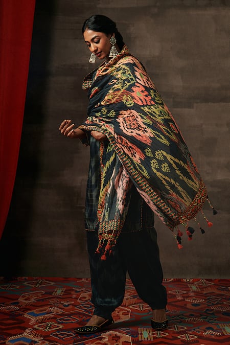 Saundh_Black Wool, Silk, Cotton Tassels Round Neck Hema Bohemian Print Kurta Salwar Set_at_Aza_Fashions