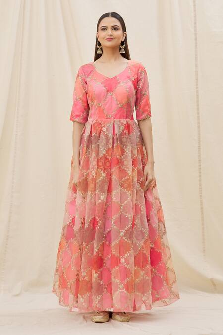 Naintara Bajaj_Pink Organza Embroidery, Sequins Round Neck Anarkali Set _Online_at_Aza_Fashions