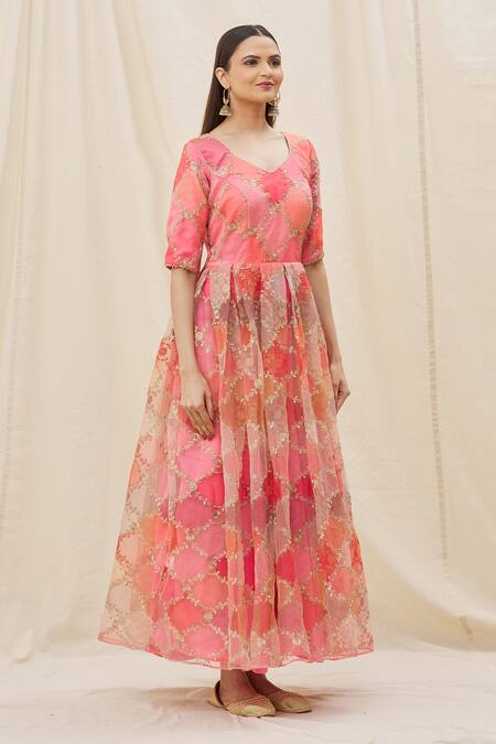 Buy_Naintara Bajaj_Pink Organza Embroidery, Sequins Round Neck Anarkali Set _Online_at_Aza_Fashions