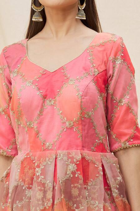 Shop_Naintara Bajaj_Pink Organza Embroidery, Sequins Round Neck Anarkali Set _Online_at_Aza_Fashions