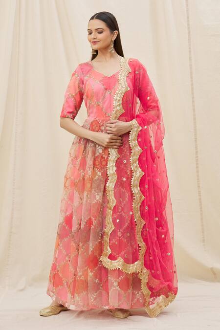 Naintara Bajaj_Pink Organza Embroidery, Sequins Round Neck Anarkali Set _at_Aza_Fashions