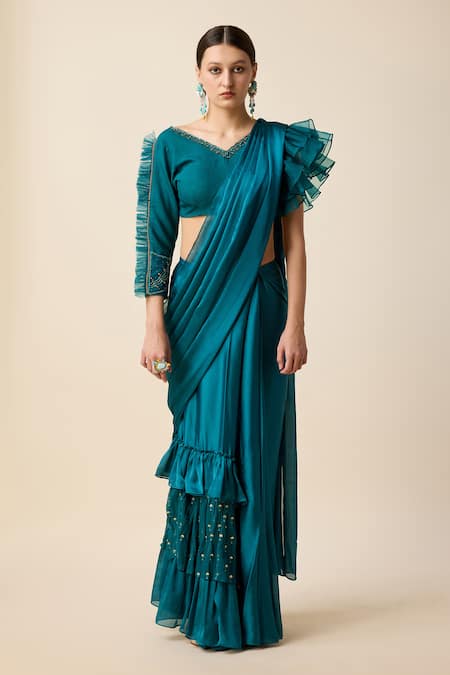 Merge Design Blue Chiffon Embroidery Sequin V Neck Layered Pre-draped Saree With Blouse