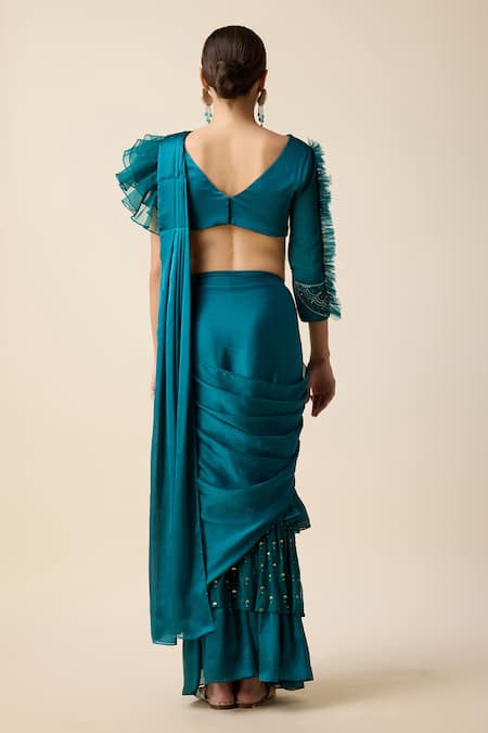 Shop Merge Design Blue Chiffon Sequins, Cut Work Layered Embroidered Pre-draped Saree With Blouse at Aza Fashions Shop_Merge Design_Blue Chiffon Sequins, Cut Work Layered Embroidered Pre-draped Saree With Blouse _at_Aza_Fashions