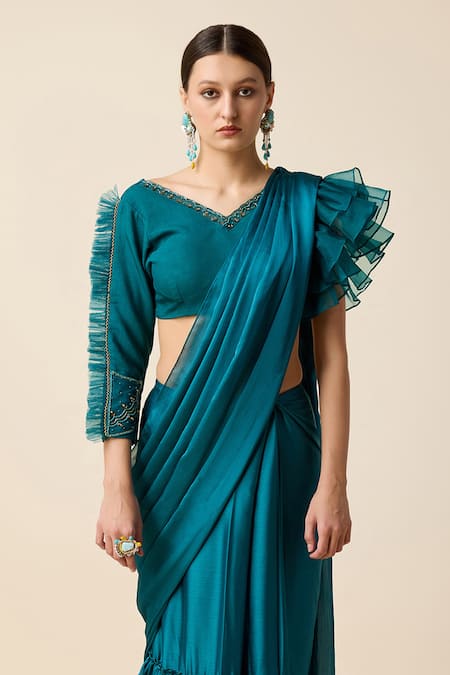 Merge Design Blue Chiffon Sequins, Cut Work Layered Embroidered Pre-draped Saree With Blouse Online at Aza Fashions Merge Design_Blue Chiffon Sequins, Cut Work Layered Embroidered Pre-draped Saree With Blouse _Online_at_Aza_Fashions