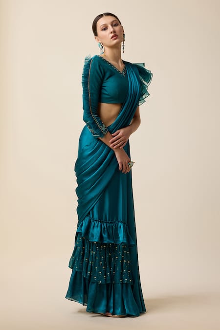 Buy Merge Design Blue Chiffon Sequins, Cut Work Layered Embroidered Pre-draped Saree With Blouse Online at Aza Fashions Buy_Merge Design_Blue Chiffon Sequins, Cut Work Layered Embroidered Pre-draped Saree With Blouse _Online_at_Aza_Fashions