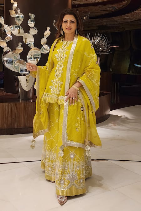 Leela By A Yellow Chanderi Embroidered Floral Round Kurta Gharara Set 