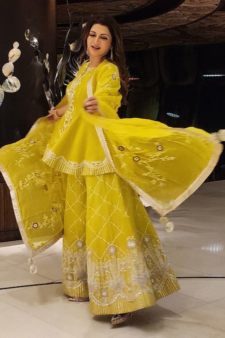 Buy_Leela By A_Yellow Organza, Chanderi Floral, Sequin, Zari Embroidered Kurta Gharara Set