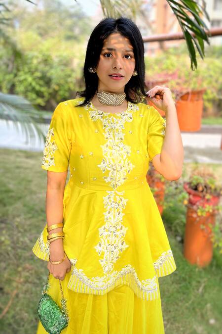 Leela By A_Yellow Organza, Chanderi Floral, Gota, Sequin Embroidered Peplum And Palazzo Set _Online_at_Aza_Fashions