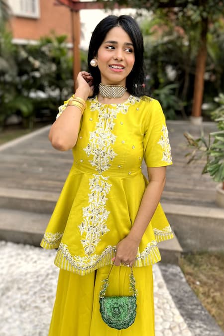 Buy_Leela By A_Yellow Organza, Chanderi Floral, Gota, Sequin Embroidered Peplum And Palazzo Set _Online_at_Aza_Fashions