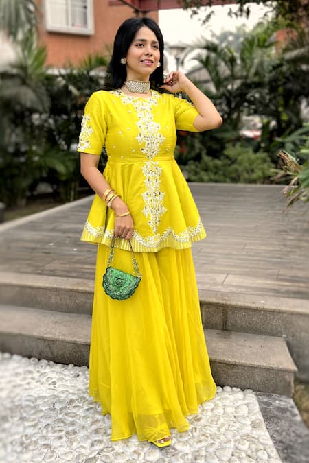 Shop_Leela By A_Yellow Organza, Chanderi Floral, Gota, Sequin Embroidered Peplum And Palazzo Set _Online_at_Aza_Fashions