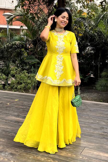 Leela By A_Yellow Organza, Chanderi Floral, Gota, Sequin Embroidered Peplum And Palazzo Set _at_Aza_Fashions