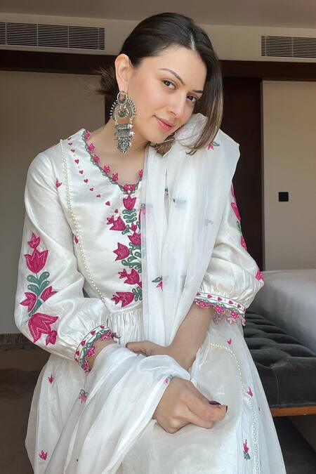 Leela By A_Ivory Organza, Chanderi Beads, Embroidery V-neck Lotus Patchwork Anarkali Set _at_Aza_Fashions