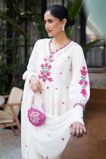 Shop Leela By A Off White Organza, Chanderi Beads, Embroidery Lotus Patchwork Anarkali Set Shop_Leela By A_Off White Organza, Chanderi Beads, Embroidery Lotus Patchwork Anarkali Set