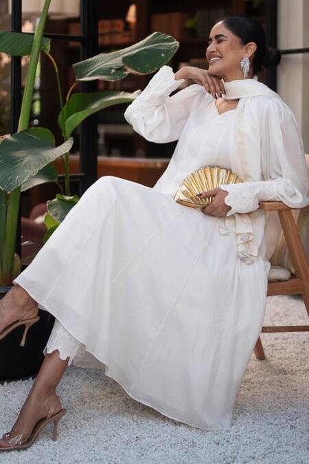 Leela By A White Modal, Cotton Beads, Zari, Embroidery Sweetheart Neck Cuff Anarkali Set at Aza Fashions Leela By A_White Modal, Cotton Beads, Zari, Embroidery Sweetheart Neck Cuff Anarkali Set _at_Aza_Fashions