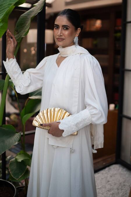 Buy Leela By A White Modal, Cotton Beads, Zari, Embroidery Sweetheart Neck Cuff Anarkali Set Buy_Leela By A_White Modal, Cotton Beads, Zari, Embroidery Sweetheart Neck Cuff Anarkali Set