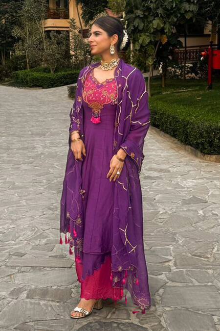Leela By A Purple Chanderi, Cotton Sequins, Bird Applique Embroidered Anarkali Palazzo Set at Aza Fashions Leela By A_Purple Chanderi, Cotton Sequins, Bird Applique Embroidered Anarkali Palazzo Set _at_Aza_Fashions
