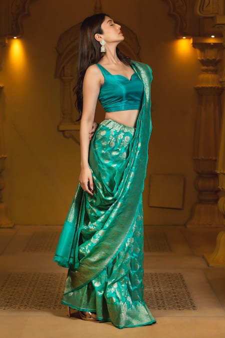 Shop Amaara Turquoise Silk Green Katan Floral Vine Handwoven Saree With Running Blouse Online at Aza Fashions Shop_Amaara_Turquoise Silk Green Katan Floral Vine Handwoven Saree With Running Blouse_Online_at_Aza_Fashions