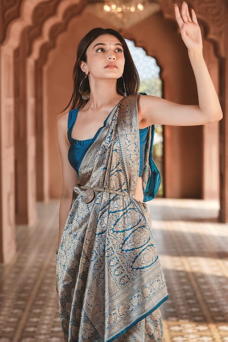 Buy_Amaara_Blue Silk Zari Katan Floral Woven Saree With Running Blouse _Online_at_Aza_Fashions