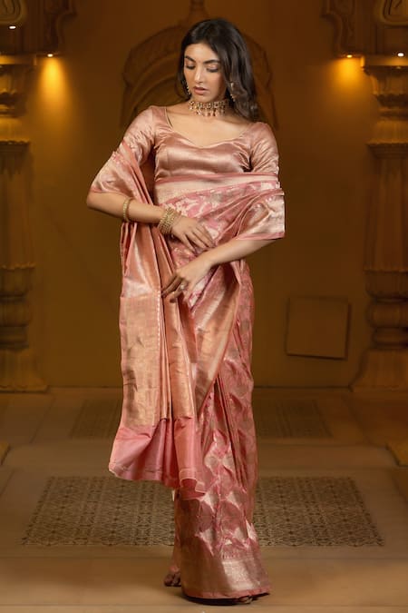 Amaara Pink Katan Silk Floral Handwoven Pastel Saree With Running Blouse 