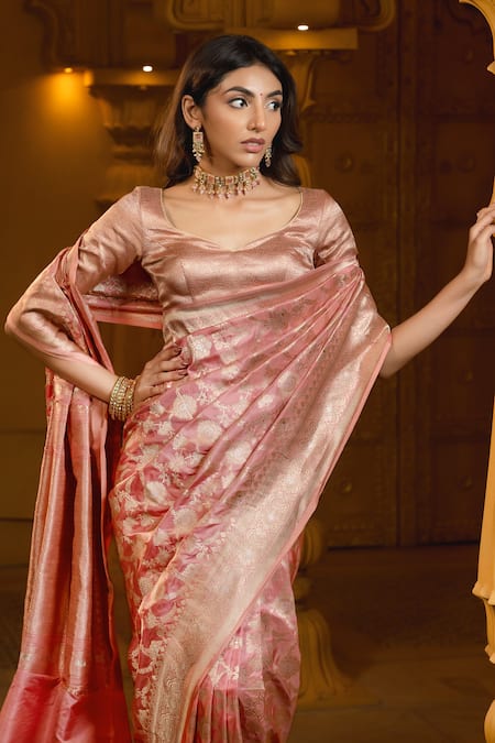 Buy_Amaara_Pink Silk Katan Floral Handwoven Pastel Saree With Running Blouse _Online_at_Aza_Fashions