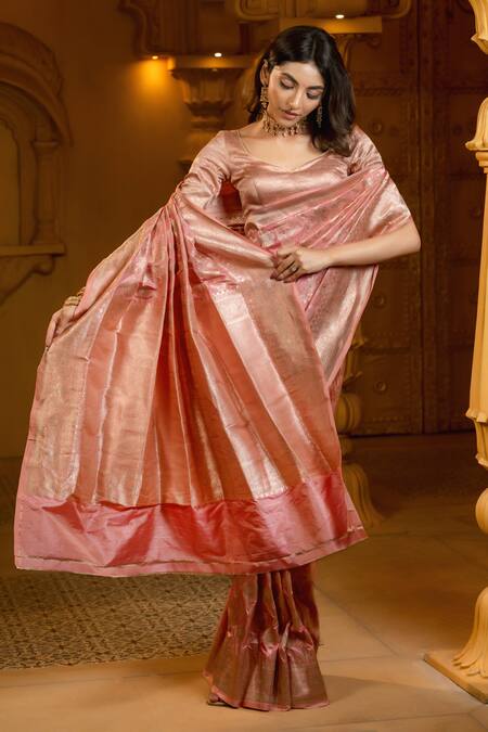 Shop_Amaara_Pink Silk Katan Floral Handwoven Pastel Saree With Running Blouse _Online_at_Aza_Fashions