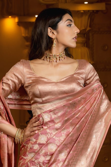 Amaara_Pink Silk Katan Floral Handwoven Pastel Saree With Running Blouse _at_Aza_Fashions