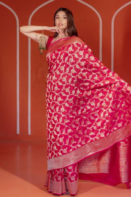 Buy_Amaara_Pink Silk Zari Katan Floral Banarasi Handwoven Saree With Running Blouse _Online_at_Aza_Fashions