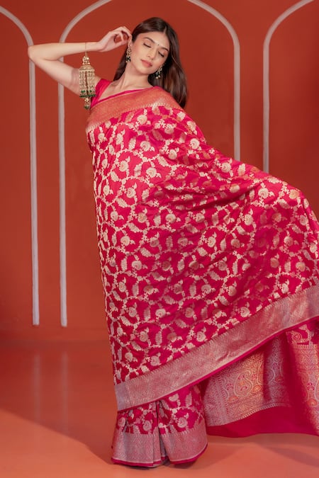 Shop_Amaara_Pink Silk Zari Katan Floral Banarasi Handwoven Saree With Running Blouse _Online_at_Aza_Fashions